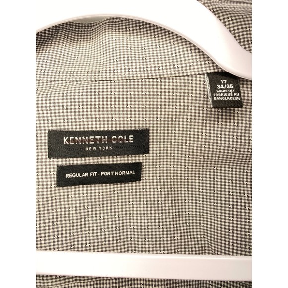 Kenneth Cole Button Front Shirt Micro Gingham Plaid Black & White Size 17 Reg - Picture 5 of 6